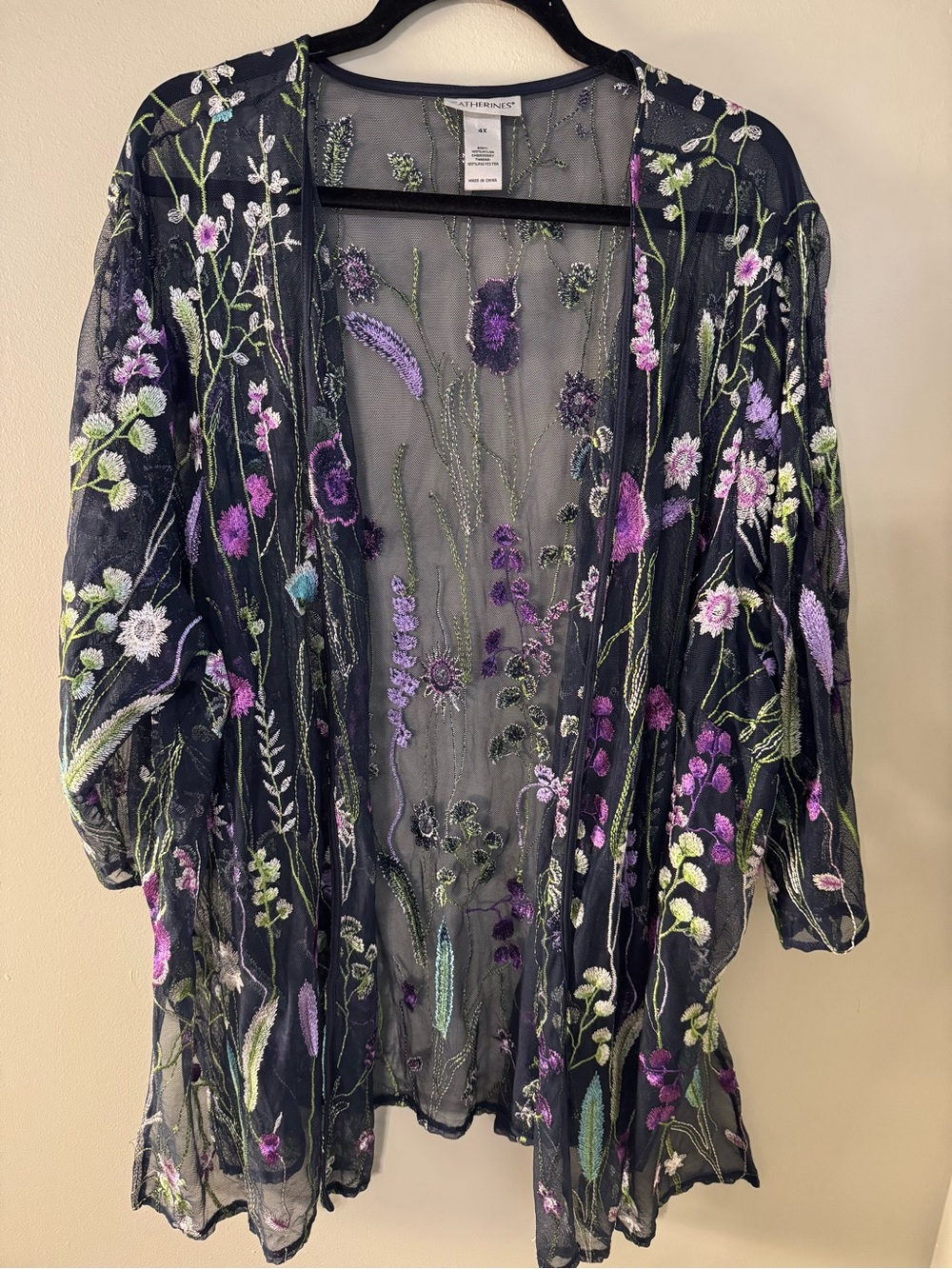 CATHERINES Women's Embroidered Floral Mesh KIMONO Cardigan Black Purple 4X